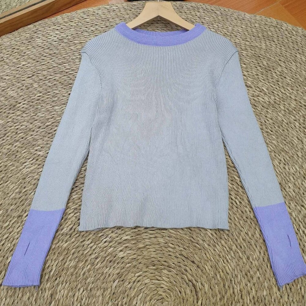 Lavender Trim Ribbed Knit Sweater Cozy Soft Top
